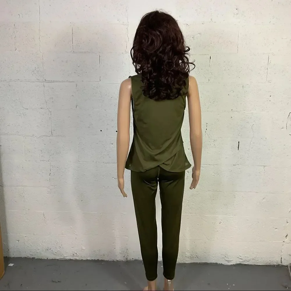 Nike Just Do It Army Green Black Muscle Tank Leggings Matching Set M